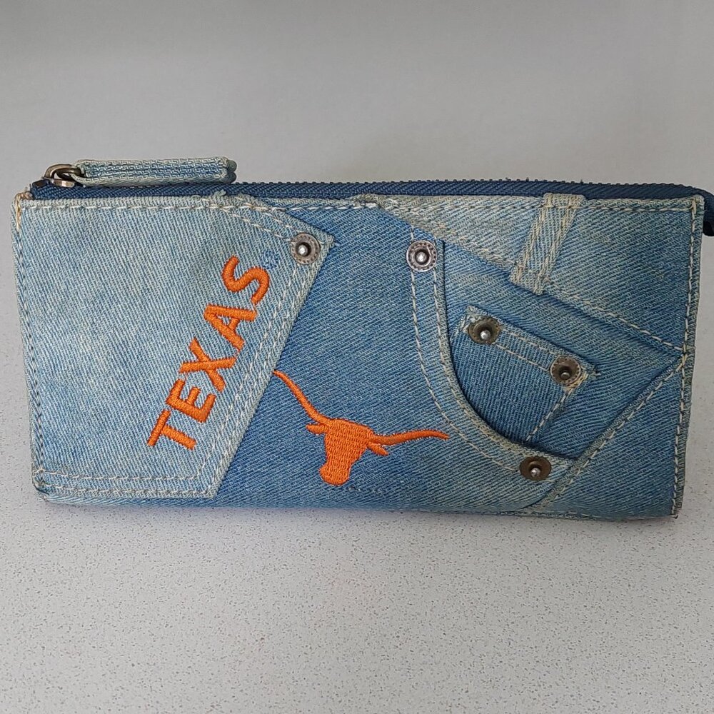 Univ of TX Longhorns SANDOL Denim Blue Jean Embroidered Zip Wallet